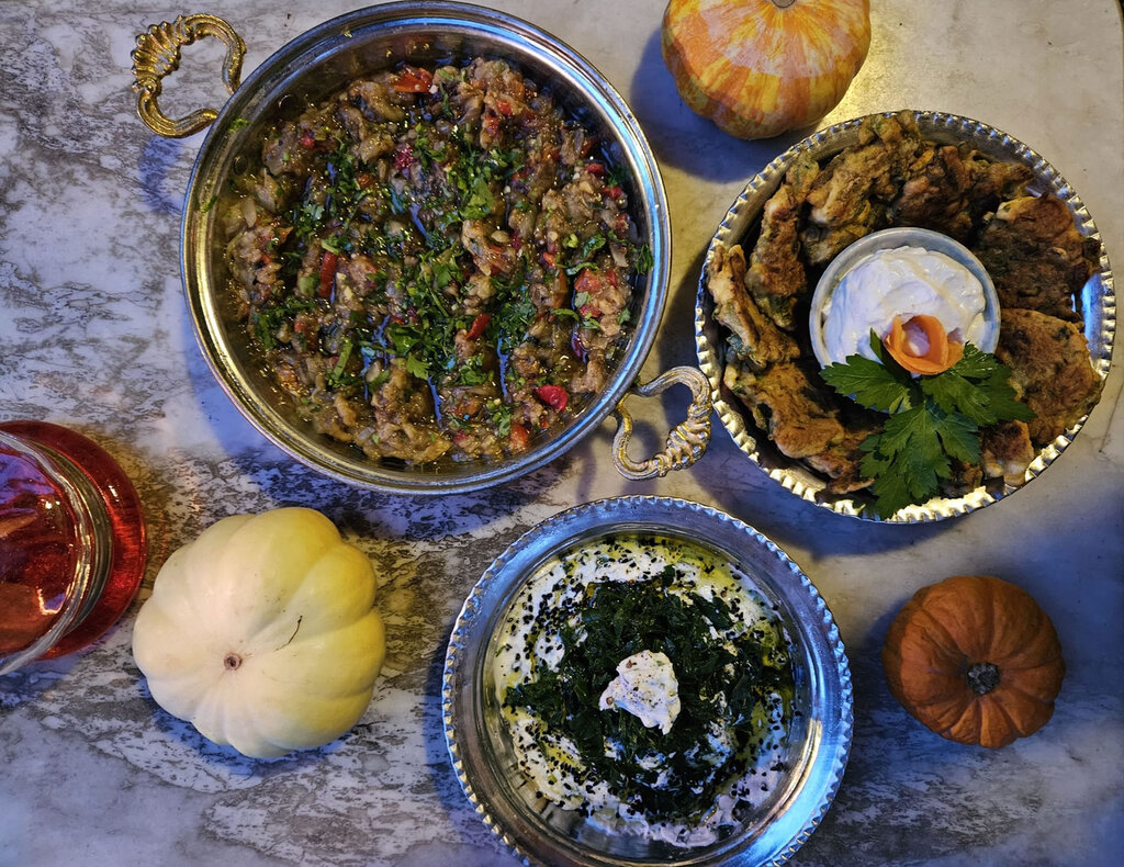 Ottoman dishes in copper bowls, seen from above